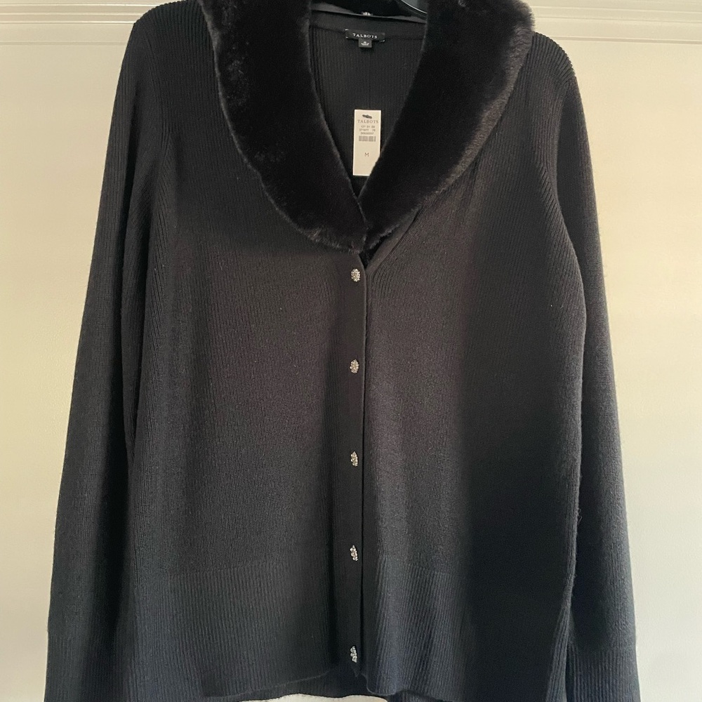 Talbots Black Fur-Trimmed Cardigan